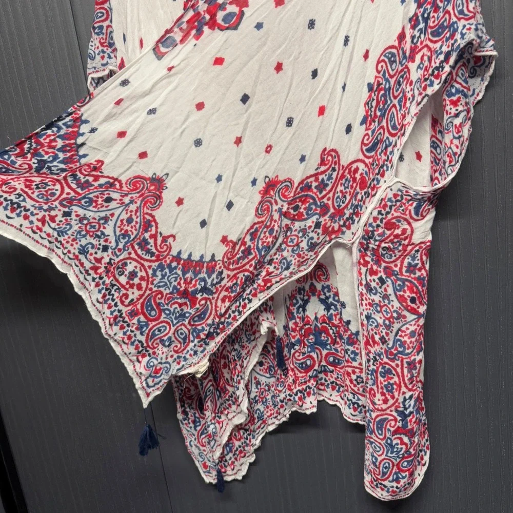 Quagga Kimono Wrap Red White Blue Paisley Bandana Print Tassel Cover Up OS